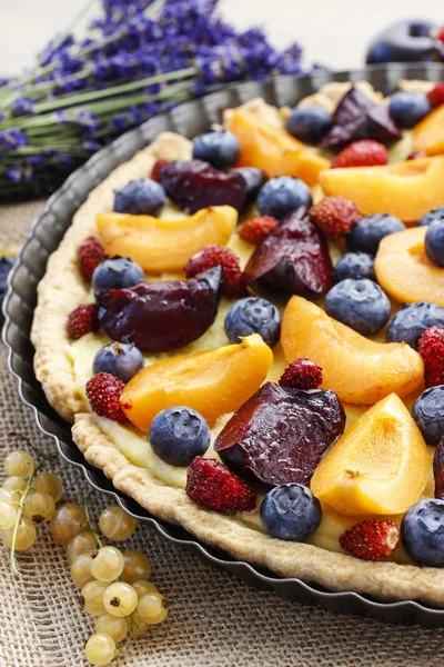 Zoete taart met perziken, pruimen en bosbessen — Stockfoto
