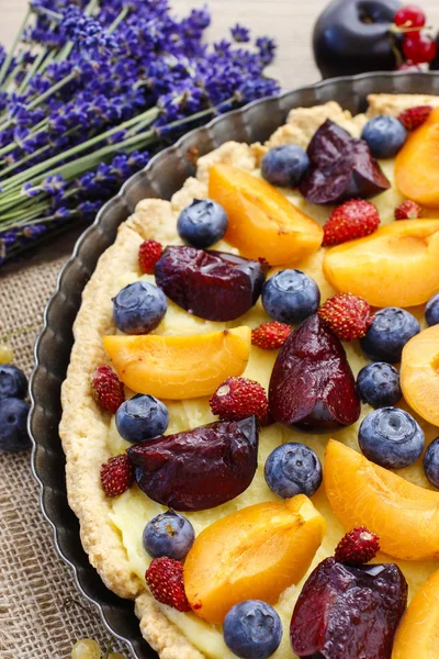 Torta doce com pêssegos, ameixas e mirtilos — Fotografia de Stock