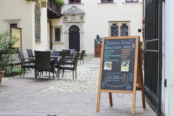 Pouliční menu Rada slavných Roma Cafe, Krakov, Polsko — Stock fotografie