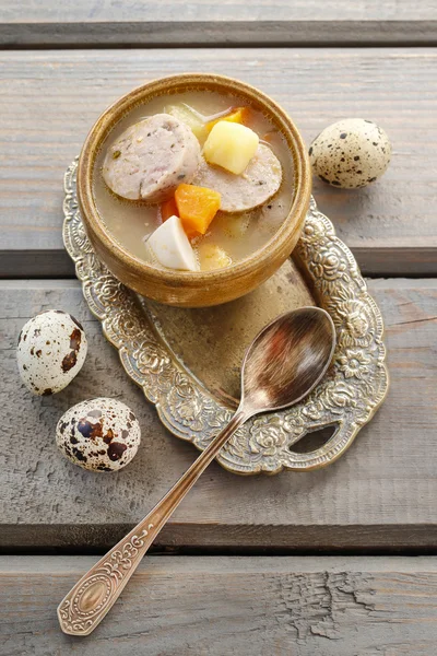 Portion of the sour rye soup made of soured rye flour and meat — Stock Photo, Image