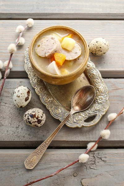 Portion of the sour rye soup made of soured rye flour and meat — Stock Photo, Image