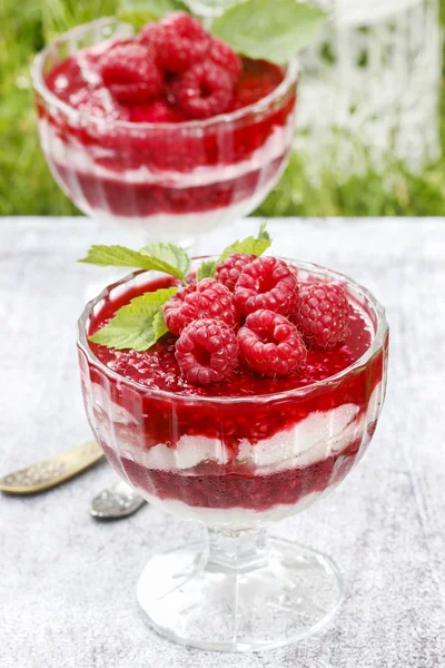 Layer raspberry dessert on garden party table. — Stock Photo, Image