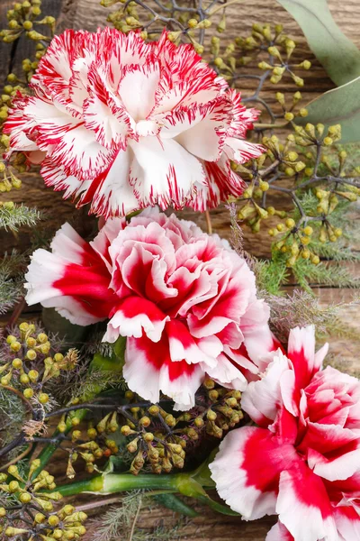 Ahşap üzerine kırmızı ve beyaz Karanfil çiçek