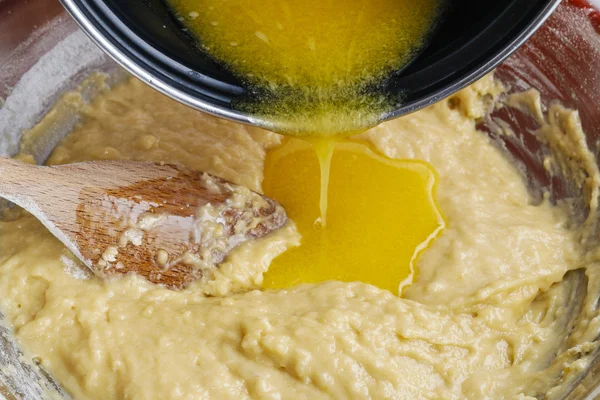 How to make yeast dough - step by step: add melted butter — Stock Photo, Image