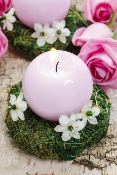 Suporte de vela feito de musgo, decorado com flores de estrela árabe — Fotografia de Stock