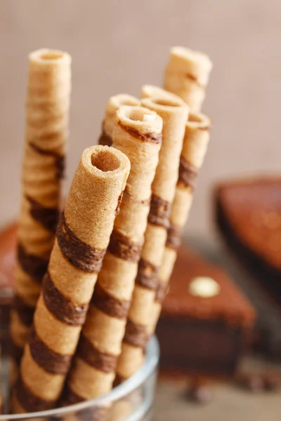 Striped wafer rolls, delicious chocolate snack — Stock Photo, Image