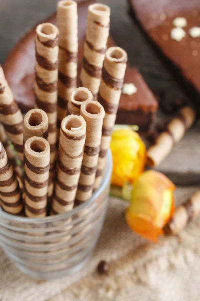 Striped wafer rolls, delicious chocolate snack — Stock Photo, Image