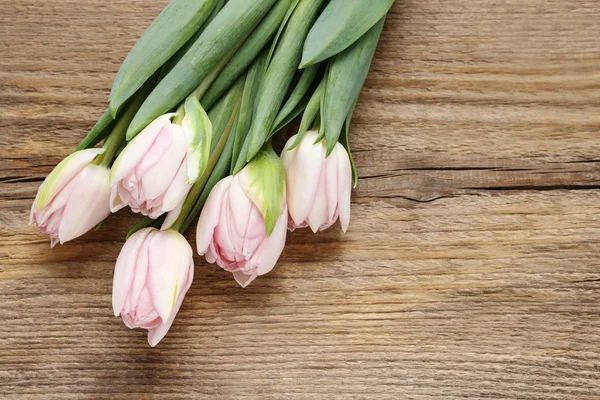 Bonitas tulipas rosa e branco no fundo de madeira — Fotografia de Stock