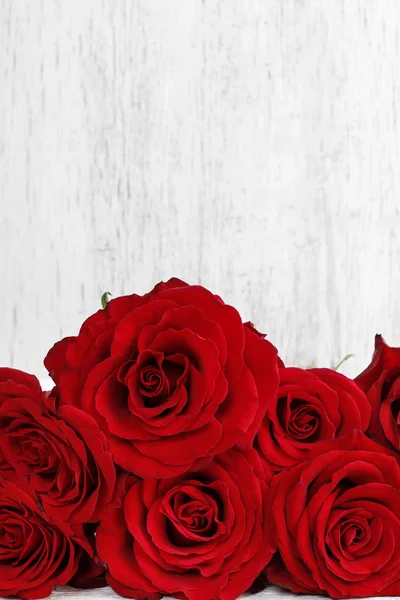 Beyaz ahşap arka planda kırmızı güller — Stok fotoğraf