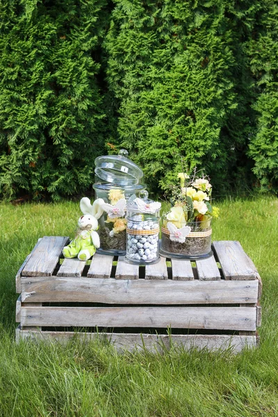 Jar met kwartel eieren in de tuin — Stockfoto