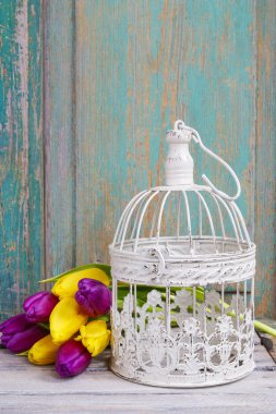 Vintage kuş kafesi ve buket sarı ve mor laleler