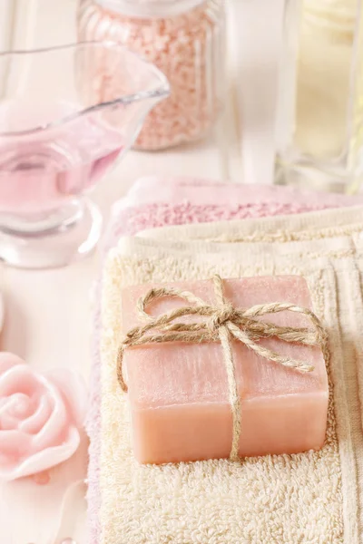 Bar of handmade rose soap — Stock Photo, Image