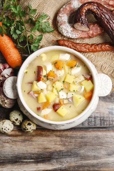 The sour rye soup made of soured rye flour and meat — Stock Photo, Image