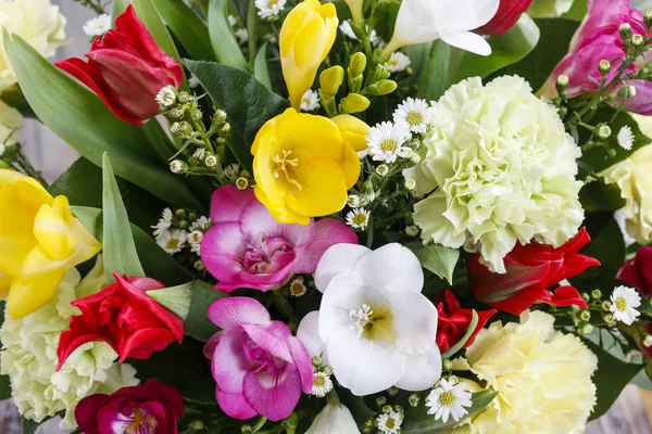 Bouquet di fresie, garofani e tulipani — Foto Stock