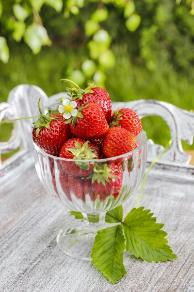 Glass bowl of strawberries standing on rustic wood — Stock Photo, Image