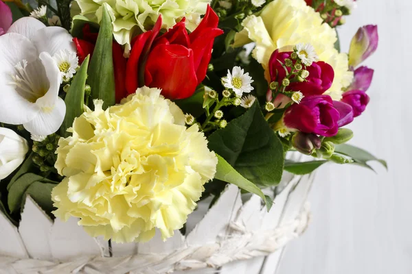 Bouquet of freesias, carnations and tulips — Stock Photo, Image