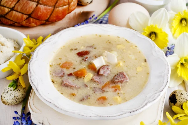 The sour rye soup made of soured rye flour and meat — Stock Photo, Image