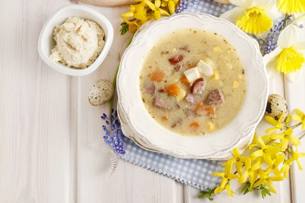 The sour rye soup made of soured rye flour and meat — Stock Photo, Image