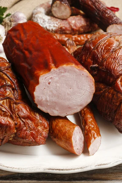 Smoked ham and sausage — Stock Photo, Image