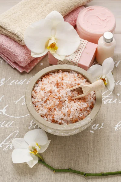 Миска з рожевої морської солі — стокове фото