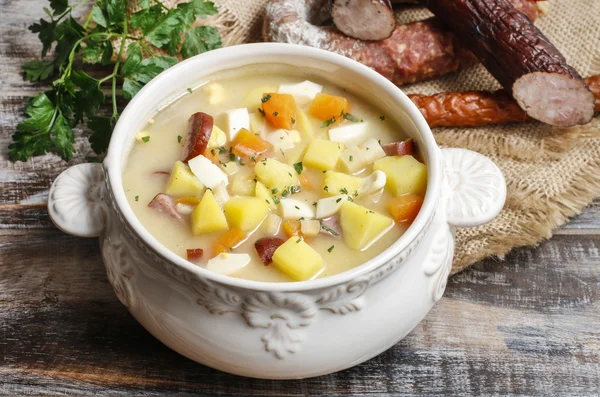 The sour rye soup made of soured rye flour and meat — Stock Photo, Image