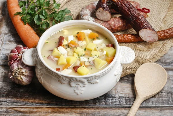 The sour rye soup made of soured rye flour and meat — Stock Photo, Image