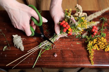 İşteki çiçekçi: kadın, yaz sonu çiçekleri ve bitkilerle nasıl buket yapılacağını gösteriyor. Adım adım, öğretici.