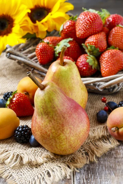 Autumn fruits and sunflowers — Stock Photo, Image