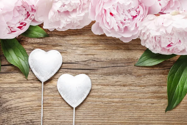 Stunning pink peonies on white rustic wooden background. — Stock Photo, Image