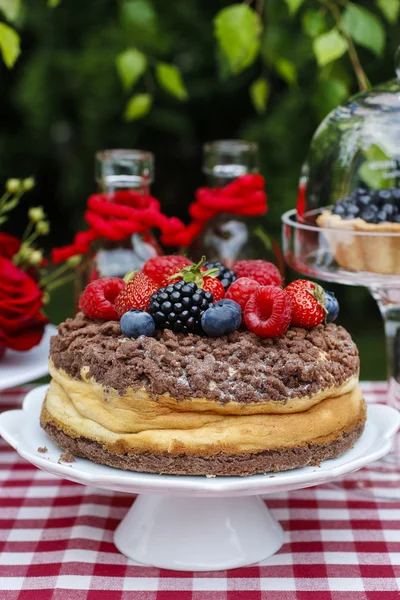 Käsekuchen mit Schokoladenbelag verziert mit Sommerfrüchten — Stockfoto