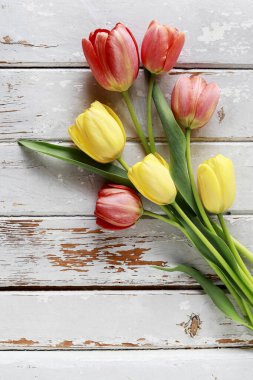 Ahşap arka planda güzel laleler. Uzayı kopyala Grafiksel kaynaklar