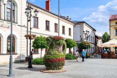 ZYWIEC - POLAND, 16 Temmuz 2025: Polonya 'nın Zywiec kentindeki ana pazar meydanı çevresindeki eski kasaba evleri. Turistler için tatil yeri