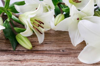 Ahşap arka planda beyaz zambaklar, kopyalama alanı. Grafiksel kaynaklar