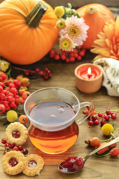 Verre de thé chaud fumant et plantes d'automne sur bois — Photo