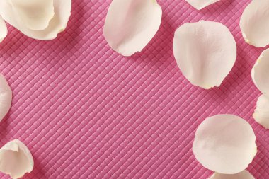 Kapitone pembe bir arka plan üzerinde beyaz gül yaprakları