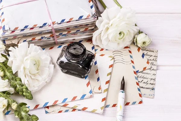 Stack of vintage letters on wooden table — Stock Photo, Image