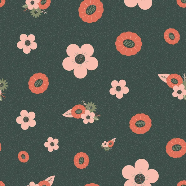 Vector retro vintage fruoral surface design on dark muted green background — 스톡 벡터