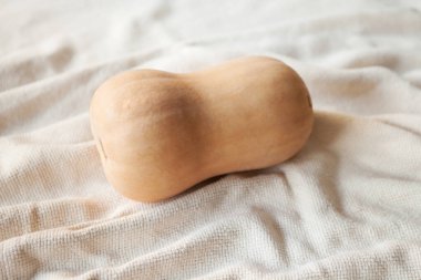 Ekolojik olarak yetiştirilmiş kabak. Beyaz masa örtüsünün üzerinde turuncu derili balkabağı. Seçici odak ve doğal ışık fotoğrafı. Beta-karoten ve alfa-karoten dolu. Sağlıklı yeme kavramı.