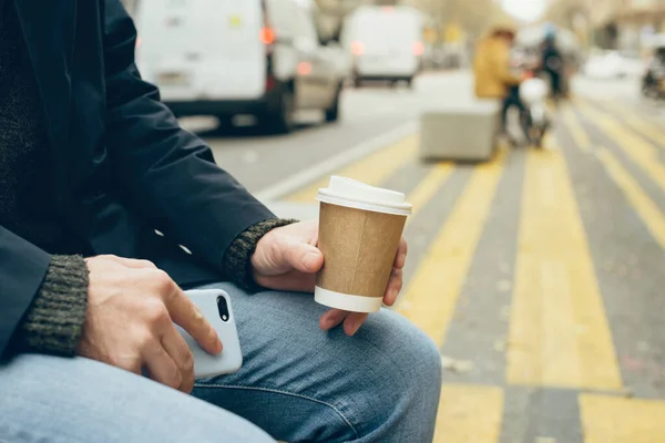 Close Man Hands Sitting Bench Outdoor Street City Having Coffee — Fotografia de Stock