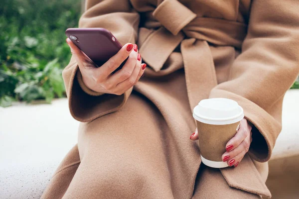 Close Photo Woman Sitting Bench Drinking Take Away Cup Speciality — Foto de Stock