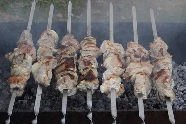 Shish kebab sobre os espetos na fumaça — Fotografia de Stock
