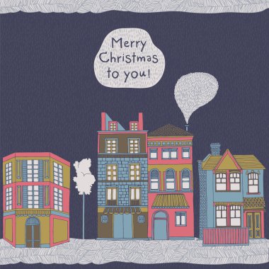 Noel tebrik kartı. Evler ve kış ağaçlar.