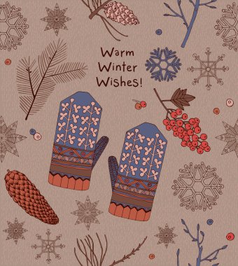 Noel tebrik kartı. Mittens ve kış meyveleri.