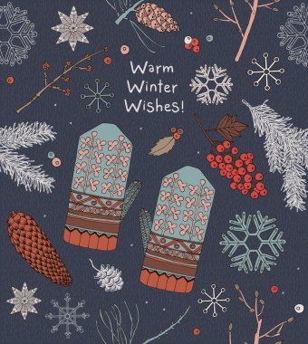 Noel tebrik kartı. Mittens ve kış meyveleri.