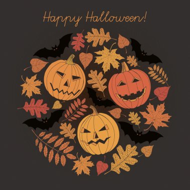 Cadılar Bayramı kartı sonbahar yaprakları ve kabak.