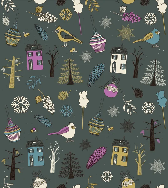 Cartão de Natal com pássaros e árvores de inverno —  Vetores de Stock