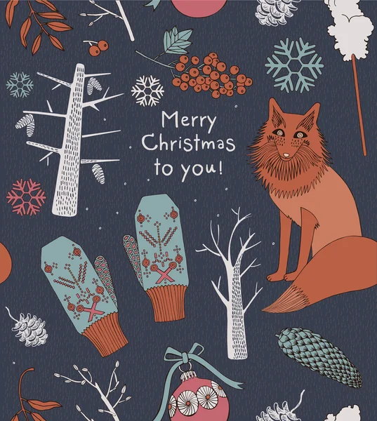 Christmas wenskaart, fox en wanten. — Stockvector