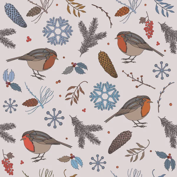 Christmas wenskaart. Vogels en winter bessen. — Stockvector