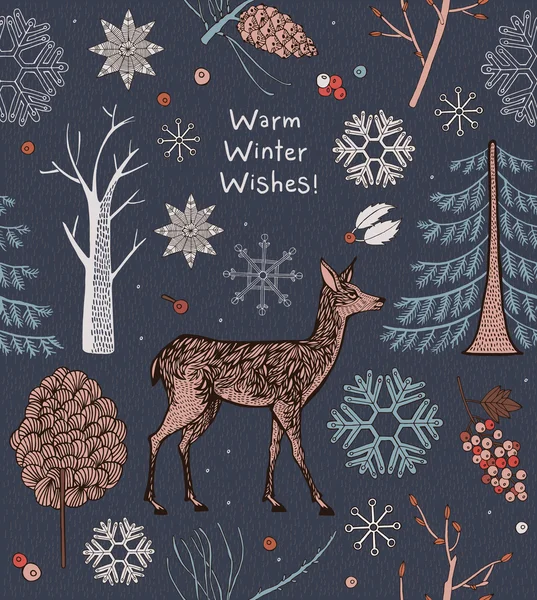 Χριστουγεννιάτικη κάρτα. Ελάφια και νιφάδες χιονιού. — Διανυσματικό Αρχείο