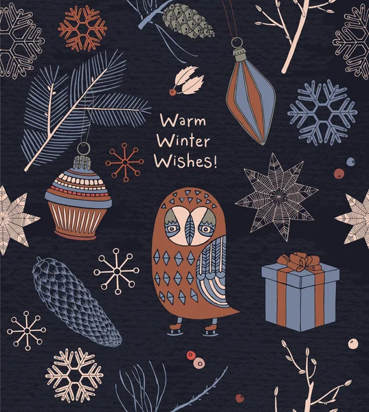 Χριστουγεννιάτικη κάρτα με χειμερινά δέντρα και κουκουβάγια. — Διανυσματικό Αρχείο